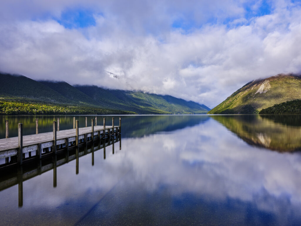 New Zealand, South Island, Nelson Lakes National Park. The jetty at Lake Rotoiti, previously known as Lake Arthur, located in the Tasman Region of New Zealand.