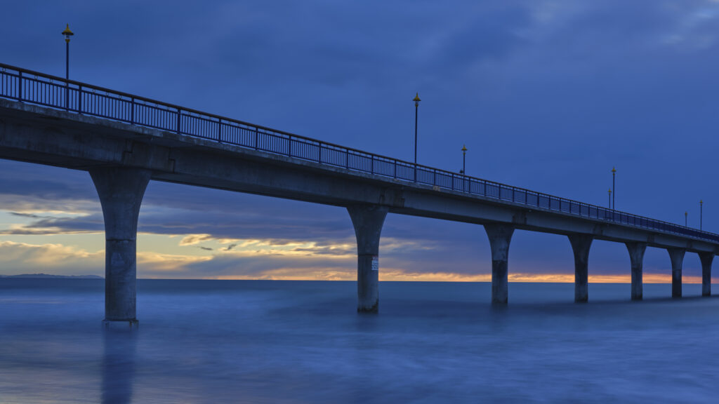New Zealand, Christchurch, New South Brighton. The pier at New South Brighton photographed at dawn.
