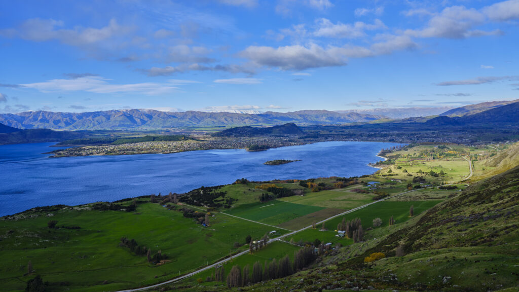 New Zealand, South Island, Mount Aspiring National Park. Looking towards Roys Bay and Wanaka from the foothills of Roys Peak.