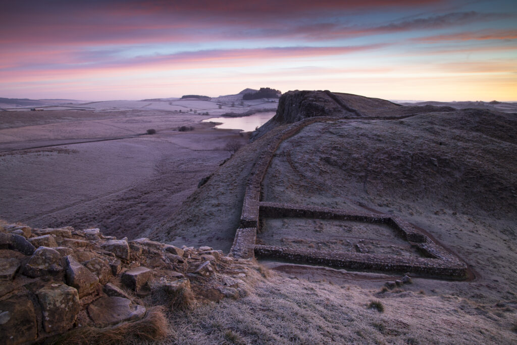England, Northumberland, Hadrian's Wall. A frosty winters morning at Milecastle 39 along Hadrians Wall, a world heritage site located within the Northumberland National Park.
