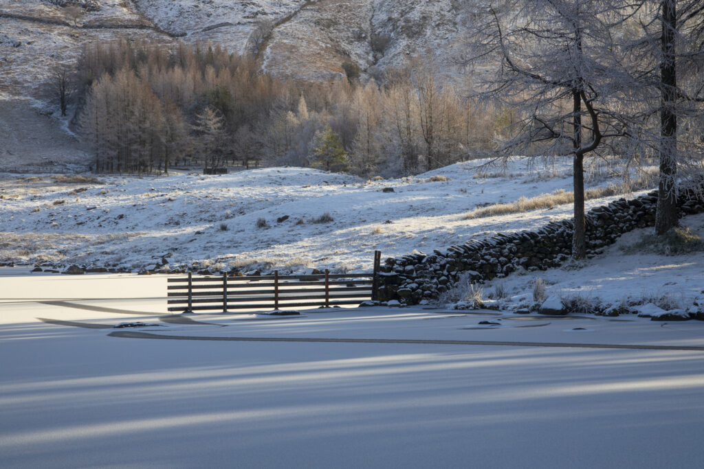 England, Cumbria, Lake District National Park. A frozen snow covered Blea Tarn photographed on a winter morning.