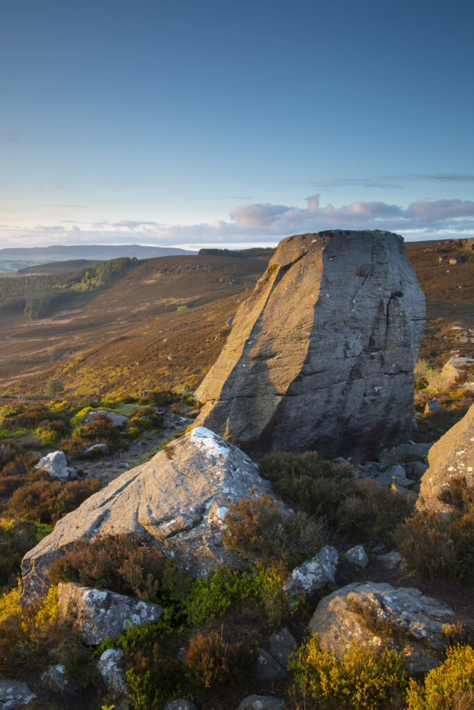 England, Northumberland, Northumberland National Park. The Drake Stone at dawn looking towards Harbottle.