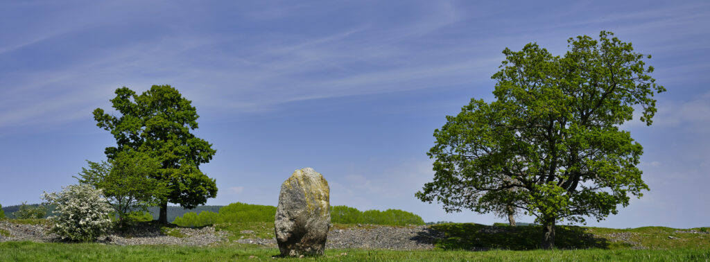 England, Cumbria, Mayburgh Henge. Standing stone and Neolithic henge near Penrith.