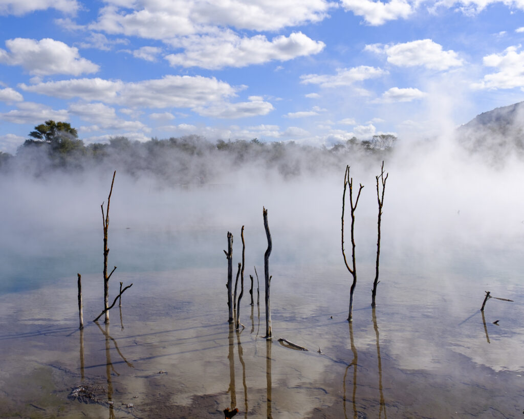 New Zealand, North Island, Kuirau Park. Kuirau Park is a nature park with geothermal foot baths, hot springs & scenic lake located in the heart of Rotorua.