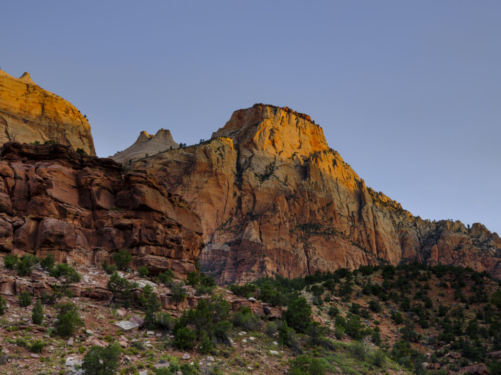 United States of America, Utah, Zion National Park. Early morning light on the geological features of the Zion National Park.