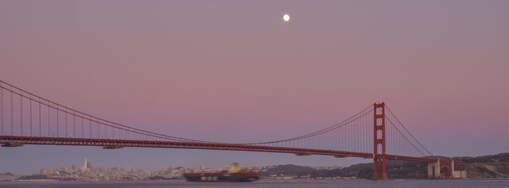 United States of America, California, Golden Gate Bridge. The iconic Golden Gate Bridge in San Francisco viewed from Kirby Cove at dusk.