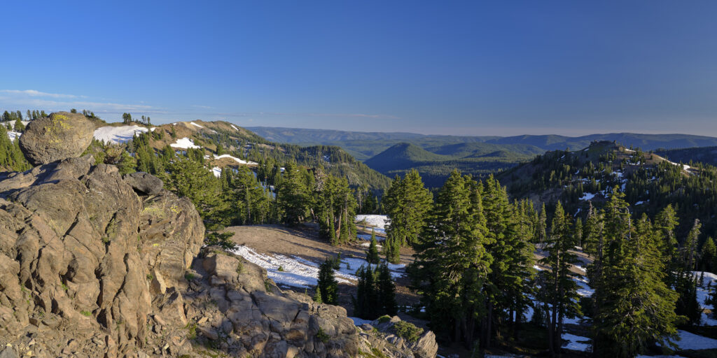 United States of America, California, Lassen Volcanic National Park. Spring snow remains in the wild landscape of the Lassen Volcanic National Park.