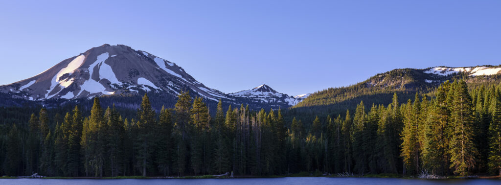 United States of America, California, Lassen Volcanic National Park. Lassen Peak overlooks Manzanita Lake in the heart of the Lassen Volcanic National Park.