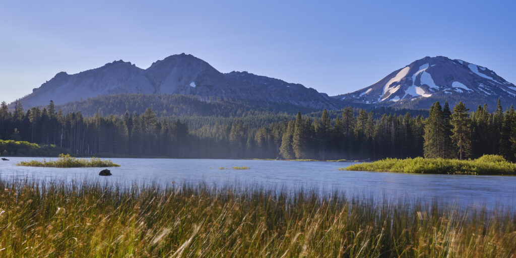 United States of America, California, Lassen Volcanic National Park. Lassen Peak overlooks Manzanita Lake in the heart of the Lassen Volcanic National Park.