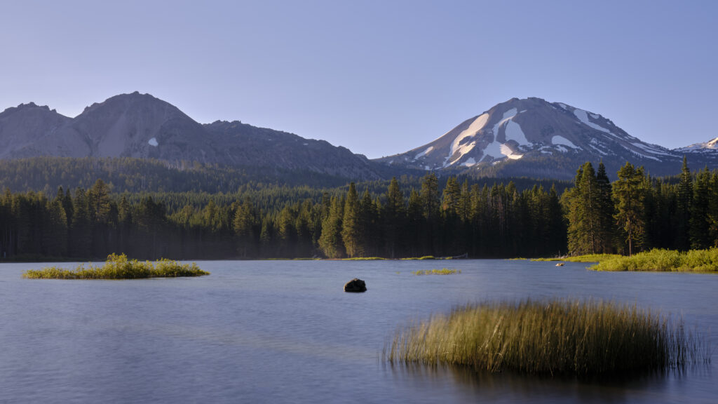 United States of America, California, Lassen Volcanic National Park. Lassen Peak overlooks Manzanita Lake in the heart of the Lassen Volcanic National Park.