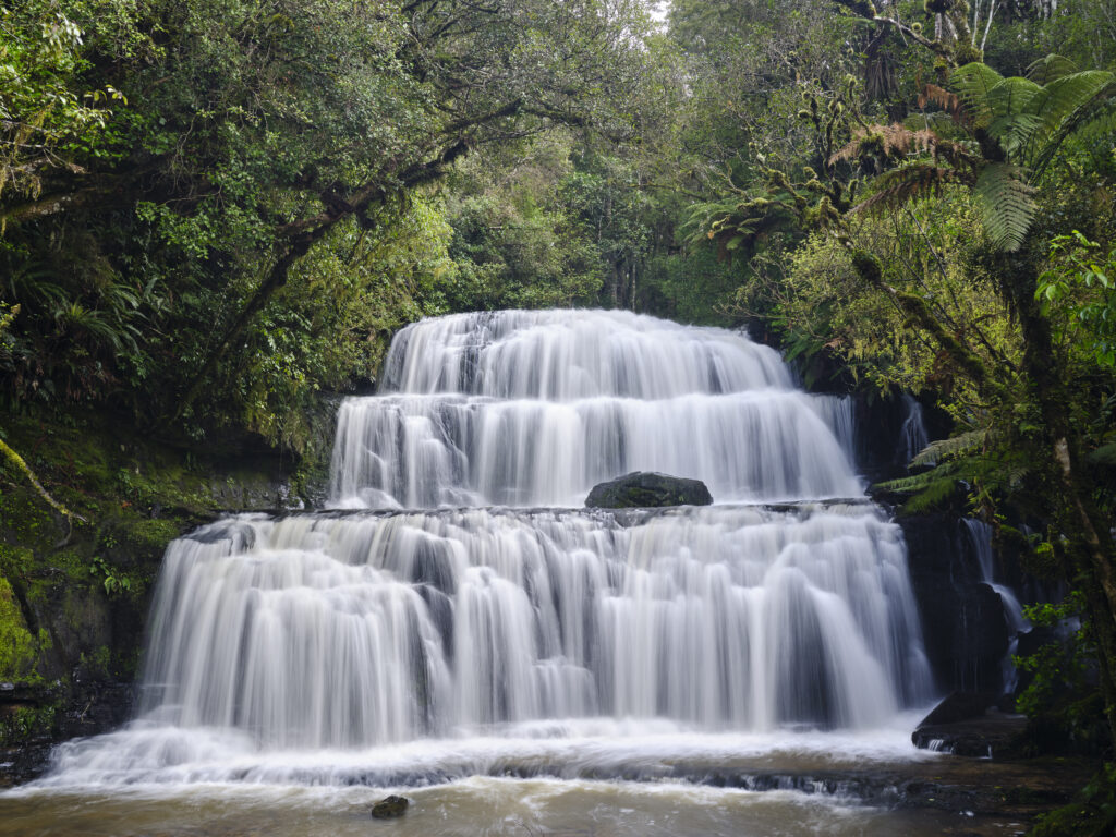 New Zealand, Southland, The Catlins. Purakaunui Falls surrounded by native woodland and bush in the Catlins Forest Park.