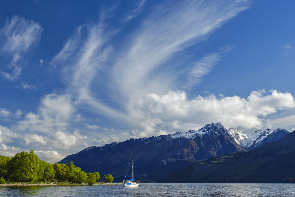 New Zealand, South Island, Queenstown. Lake Wakatipu at the the small townshop of Glenorchy near Queenstown.