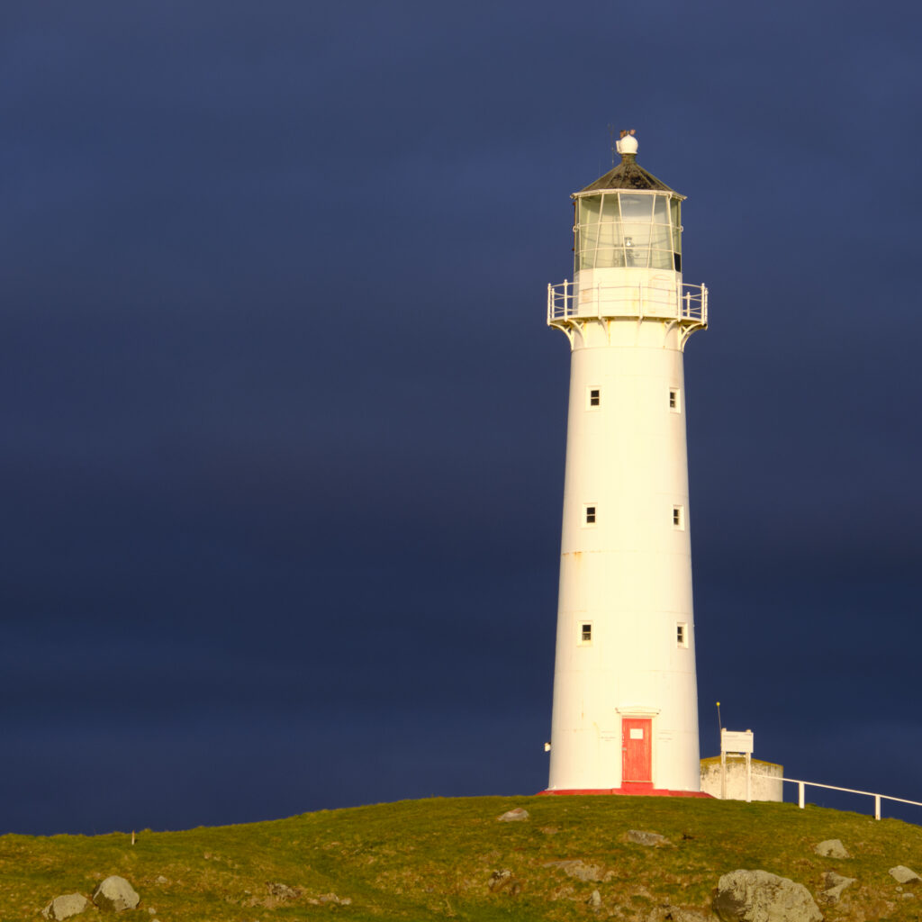 New Zealand, North Island, Cape Egmont Lighthouse. Cape Egmont Lighthouse has been shining its light along the Taranki coast (south of New Plymouth) since 1881.