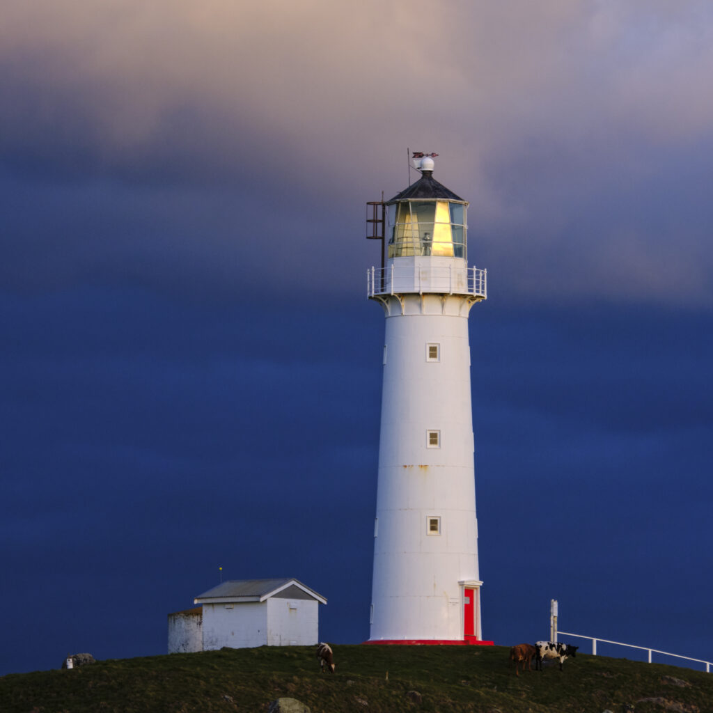 New Zealand, North Island, Cape Egmont Lighthouse. Cape Egmont Lighthouse has been shining its light along the Taranki coast (south of New Plymouth) since 1881.