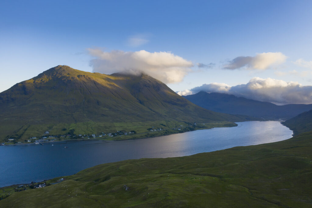 Scotland, Isle of Skye, Sligachan. View looking Glamaig and the Red Cuillin of Skye mountains, from across Loch Sligachan.