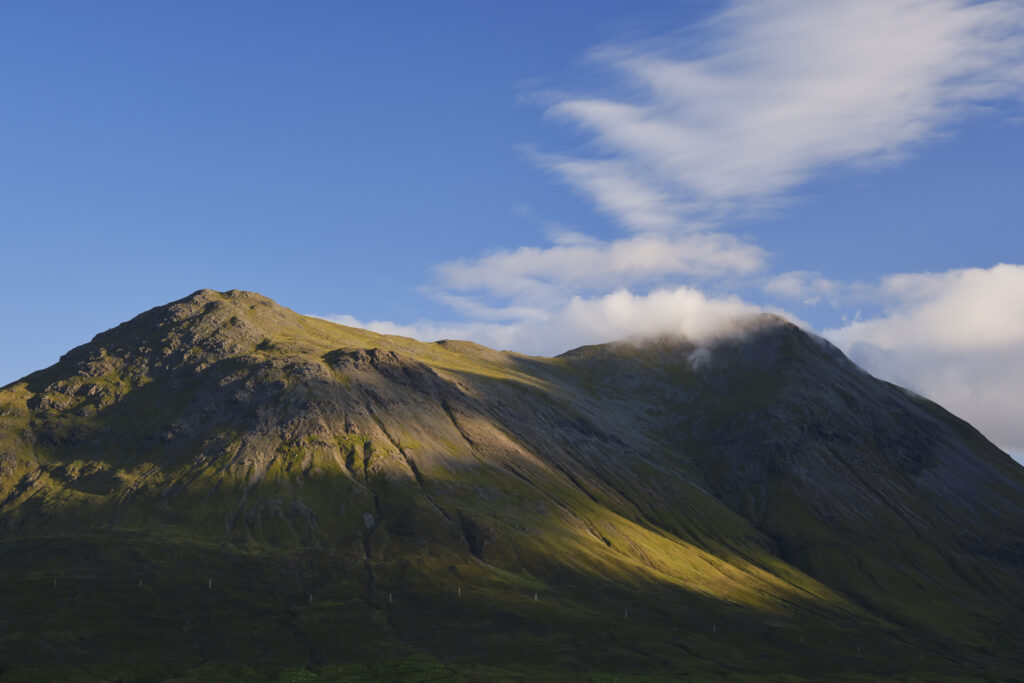 Scotland, Isle of Skye, Sligachan. View looking Glamaig and the Red Cuillin of Skye mountains, from across Loch Sligachan.