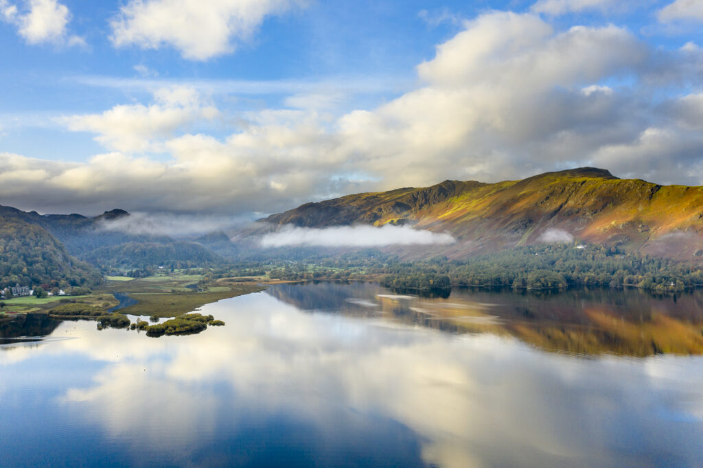 England, Cumbria, Lake District National Park. Aerial view of Derwentwater, a popular lake near Keswick, at dawn.
