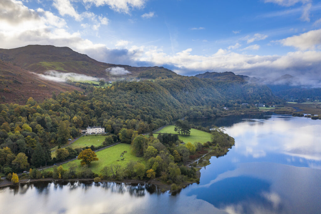 England, Cumbria, Lake District National Park. Aerial view of Derwentwater, a popular lake near Keswick, at dawn.
