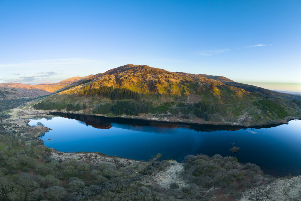 Scotland, Dumfries & Galloway, Galloway Forest Park. Aerial photograph of Loch Trool, a popular tourist attraction located in Glen Trool & the Galloway Forest Park.