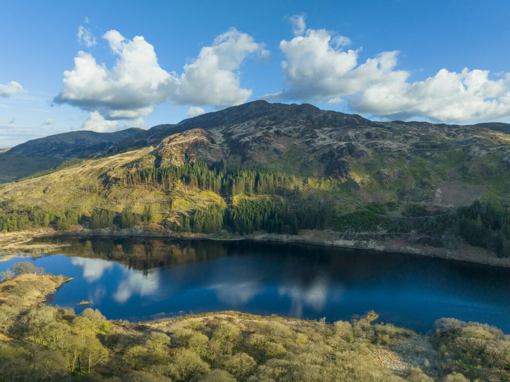 Scotland, Dumfries & Galloway, Galloway Forest Park. Aerial photograph of Loch Trool, a popular tourist attraction located in Glen Trool & the Galloway Forest Park.