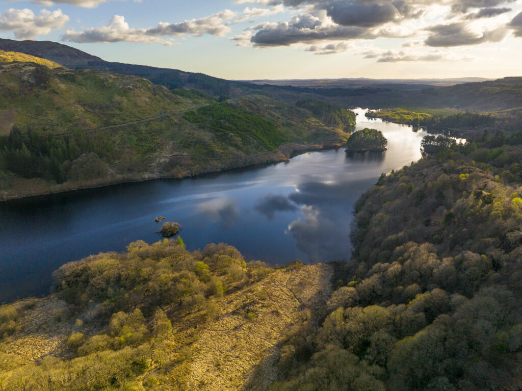 Scotland, Dumfries & Galloway, Galloway Forest Park. Aerial photograph of Loch Trool, a popular tourist attraction located in Glen Trool & the Galloway Forest Park.
