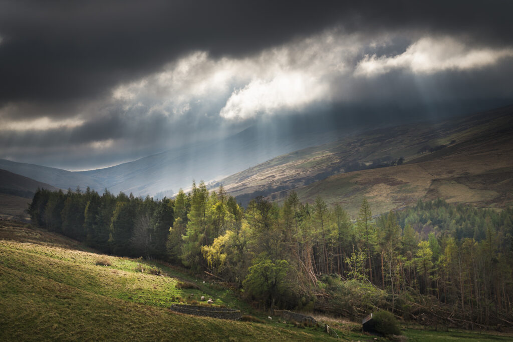 England, Northumberland National Park, Harthope Valley. Breaking light above the Cheviot Hills in the Harthope Valley.