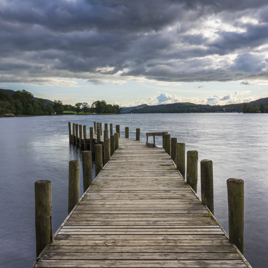 England, Cumbria, Lake District National Park. Jetty on Coniston Water, the third largest lake in the English Lake District.