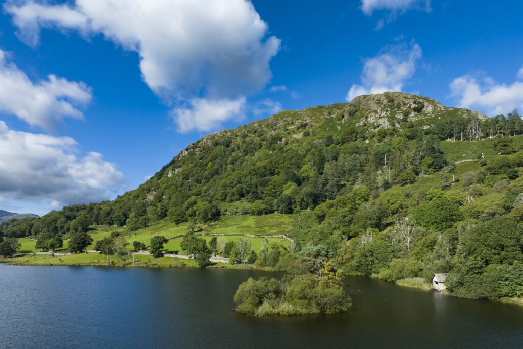 England, Cumbria, Lake District National Park. Aerial view of Rydal looking towards the northern lake district.