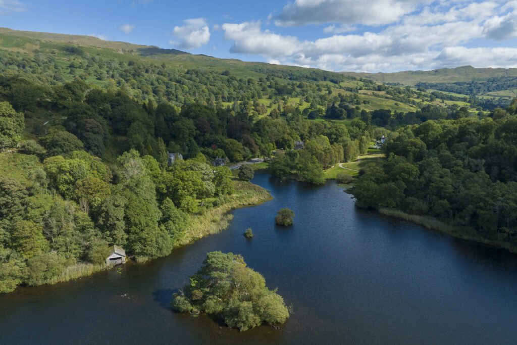 England, Cumbria, Lake District National Park. Aerial view of Rydal looking towards the southern lake district.