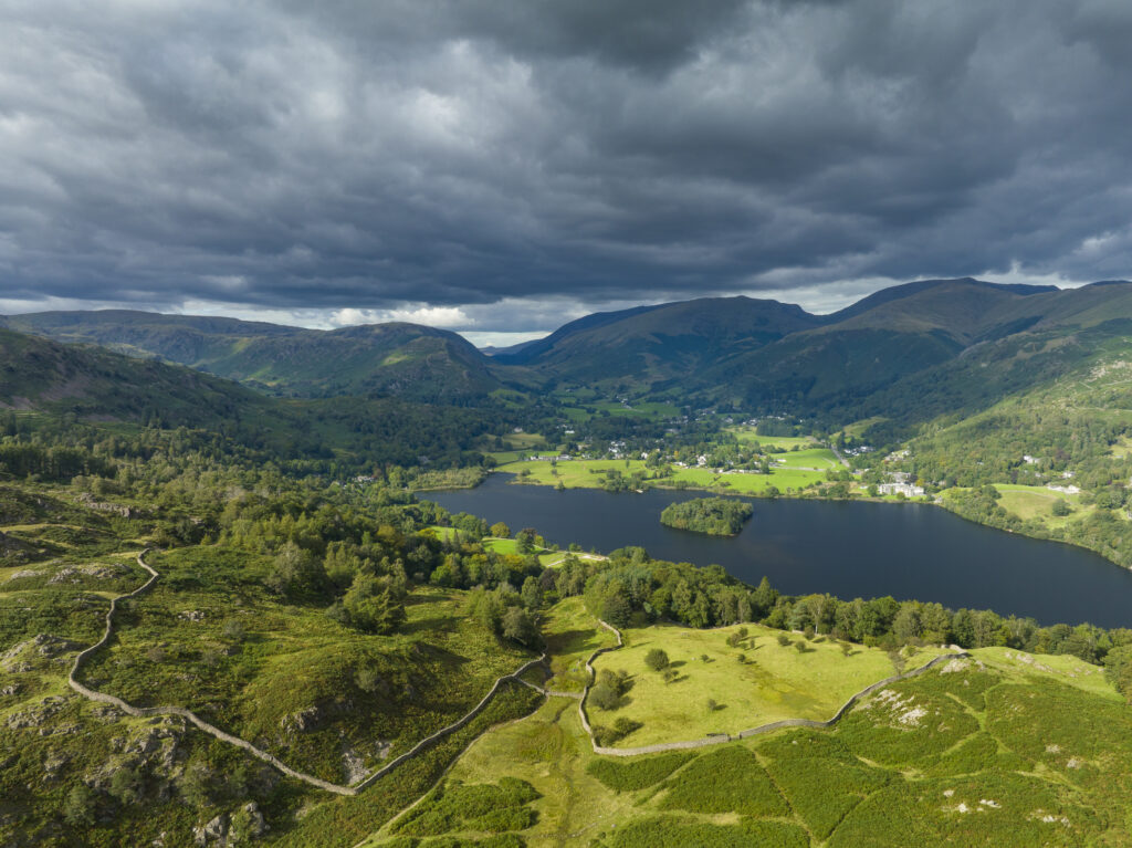 England, Cumbria, Lake District National Park. Aerial view of Grasmere looking towards the north east lake district.