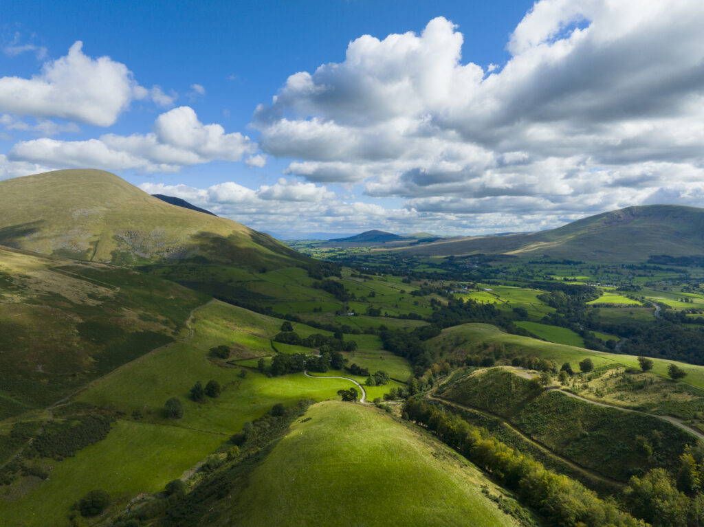 England, Cumbria, Lake District National Park. Aerial view from near the summit of Latrigg looking towards the north east lake district.