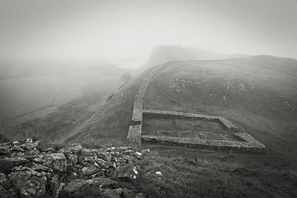 England, Northumberland, Hadrian's Wall. A misty morning at Milecastle 39 along Hadrians Wall, a world heritage site located within the Northumberland National Park.