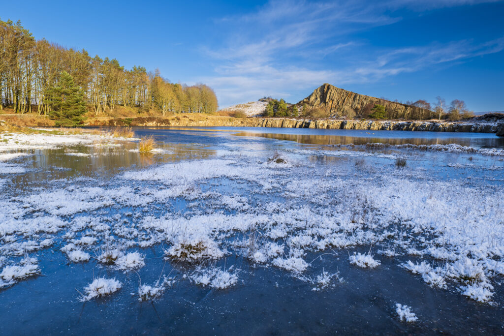 England, Northumberland, Hadrian's Wall. A mid-winters day at Cawfields Quarry along Hadrians Wall, a world heritage site located within the Northumberland National Park.