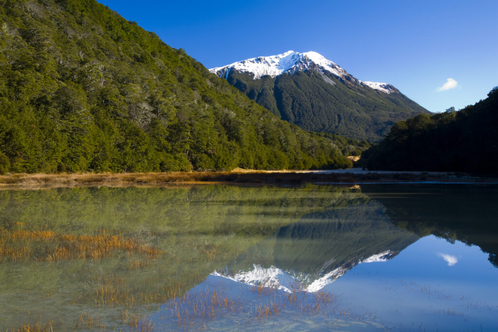 New Zealand, Canterbury, Arthur's Pass National Park. Snow covered mountain peaks of the Poulter Valley in the national park.