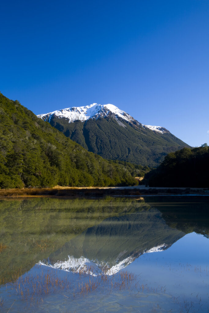 New Zealand, Canterbury, Arthur's Pass National Park. Snow covered mountain peaks of the Poulter Valley in the national park.