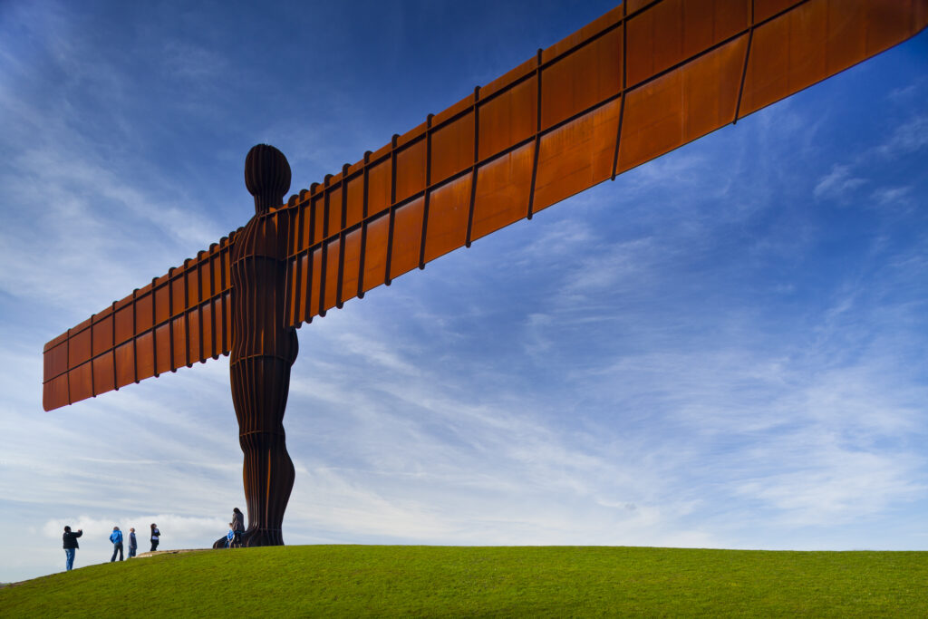 England, Tyne and Wear, Gateshead. The iconic Angel of the North statue by Antony Gormley. The 'Angel', built on a a former colliery pit head bath site, is one of the worlds most viewed work of art with over 33 million viewers each year.