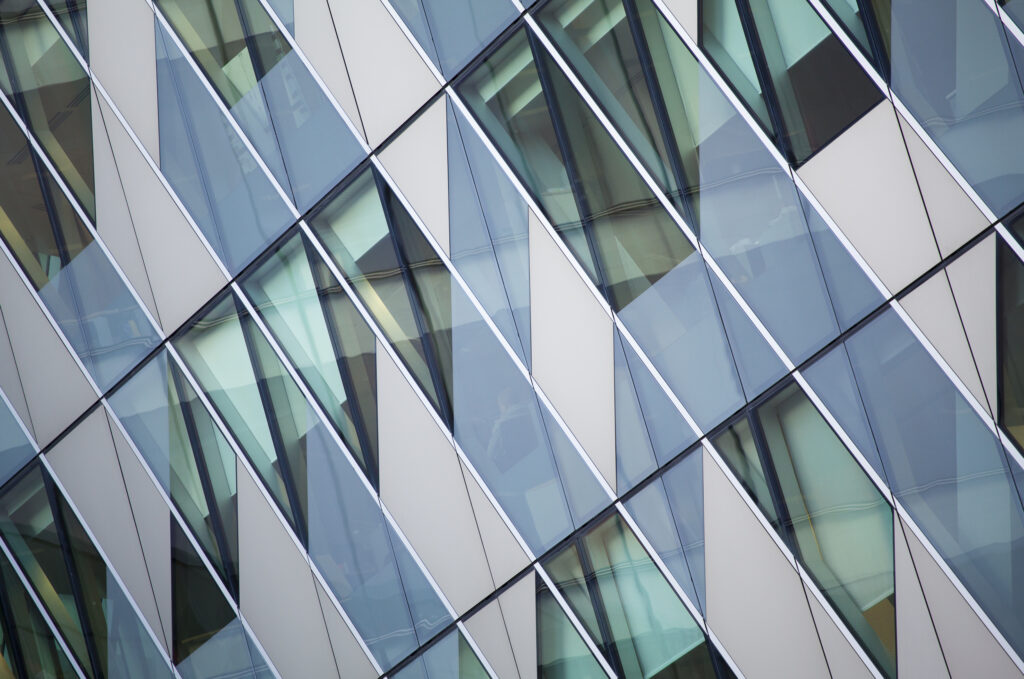 England, Greater Manchester, Manchester. Detail shot of office block facade forming part of the Avenue complex in the Springfields Area.