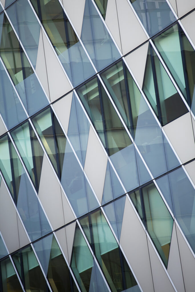 England, Greater Manchester, Manchester. Detail shot of office block facade forming part of the Avenue complex in the Springfields Area.