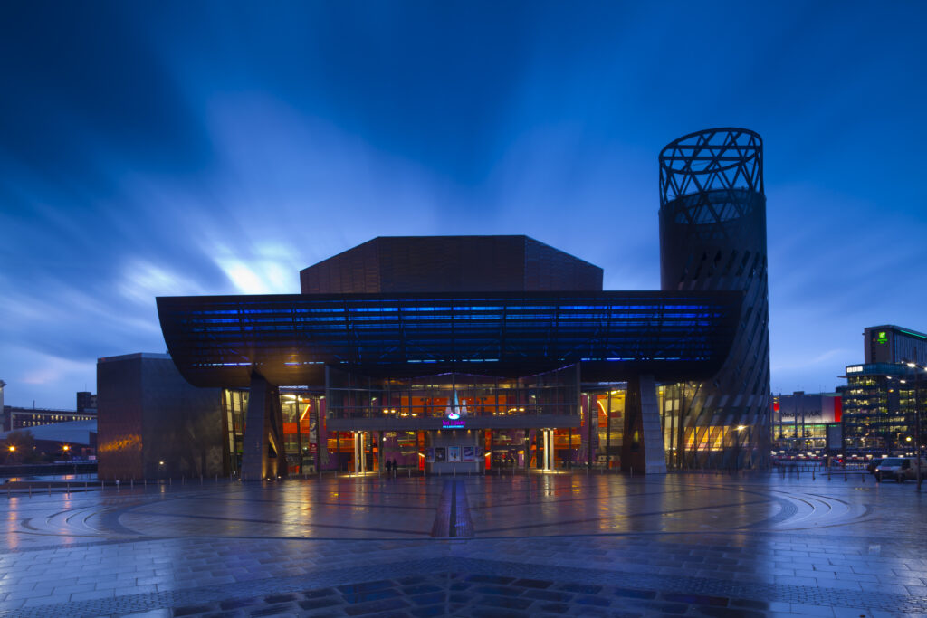 England, Greater Manchester, Salford Quays. The Lowry Centre at dusk, located on the Salford Quays in the city of Salford near Manchester Old Trafford.
