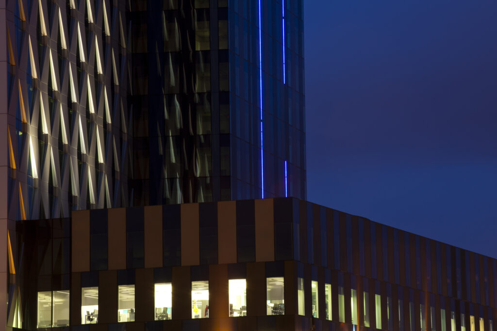 England, Greater Manchester, Salford Quays. Detail shot of the modern architecture of Media City UK located on the Salford Quays.