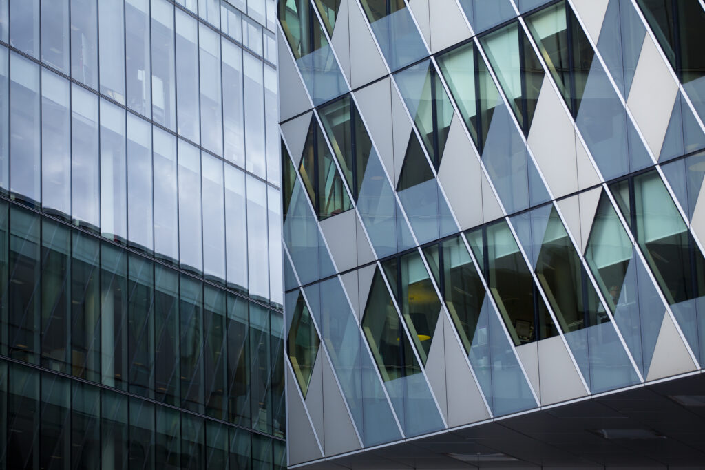 England, Greater Manchester, Manchester. Detail shot of office block facade forming part of the Avenue complex in the Springfields Area.