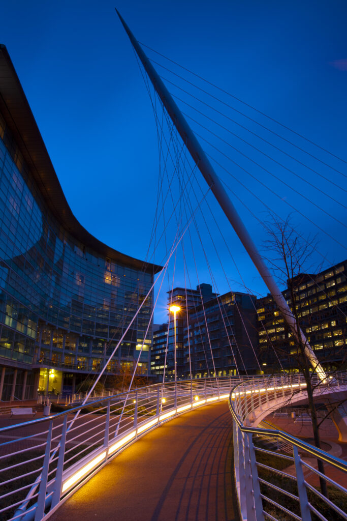 England, Greater Manchester, Manchester. The Trinity Bridge, spanning the banks of the River Irwell near the Lowry Hotel.