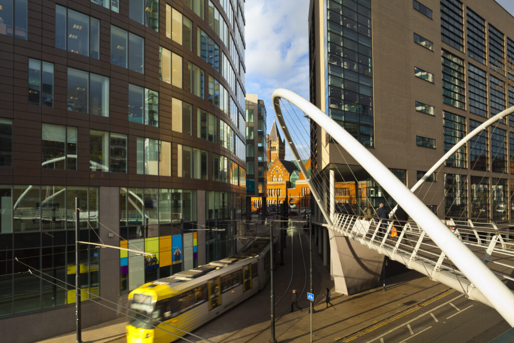 England, Greater Manchester, City of Manchester. Manchester London Road Bridge linking Manchester Piccadilly Train Station with nearby office developments.
