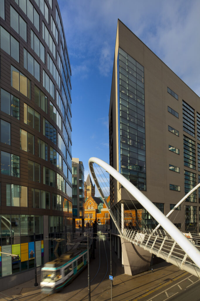 England, Greater Manchester, City of Manchester. Manchester London Road Bridge linking Manchester Piccadilly Train Station with nearby office developments.
