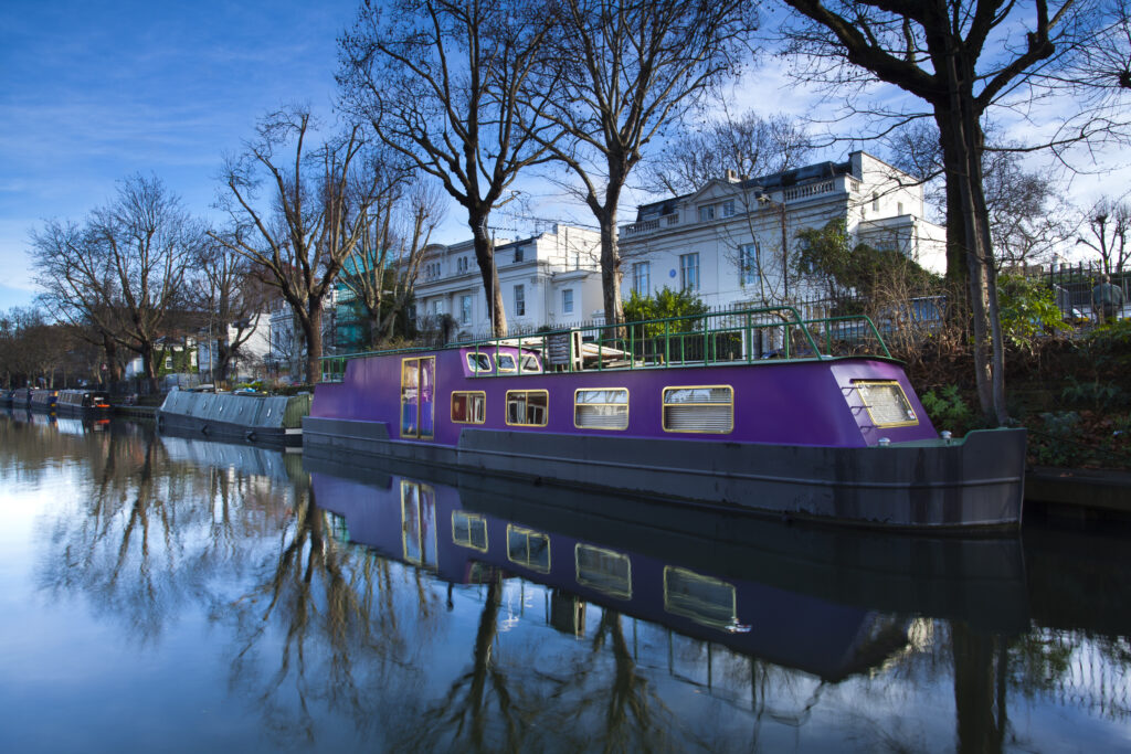 England, London, Little Venice. Canal Narrow Boat moored on the Regents Canal at the 'Little Venice' basin.
