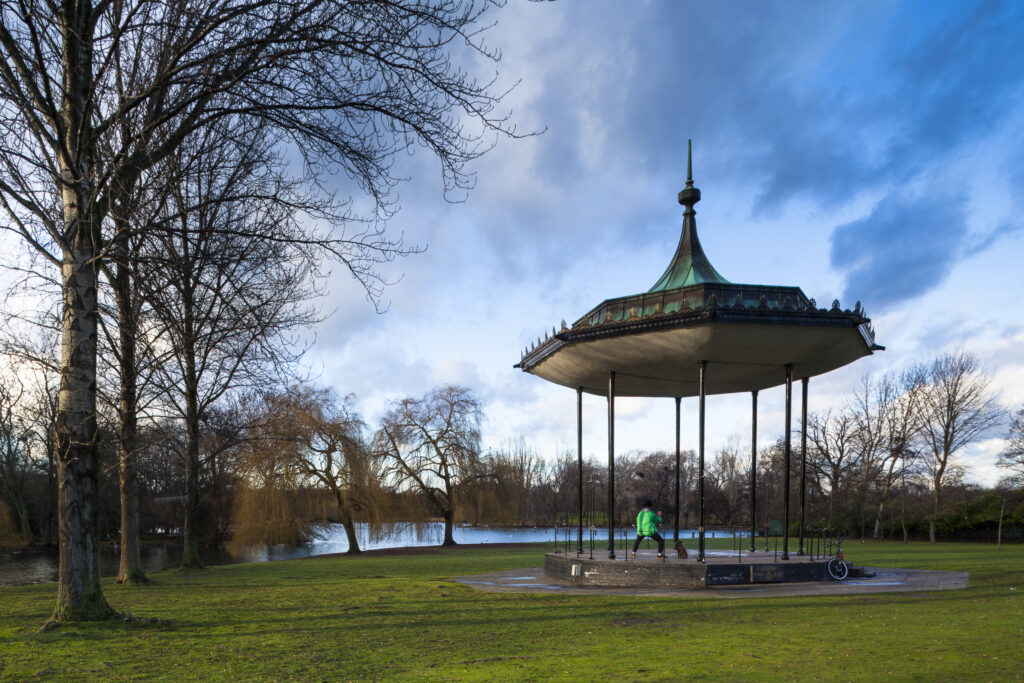 England, London, Regents Park. The Bandstand in the grounds of The Regent's Park, a Royal Park in London.