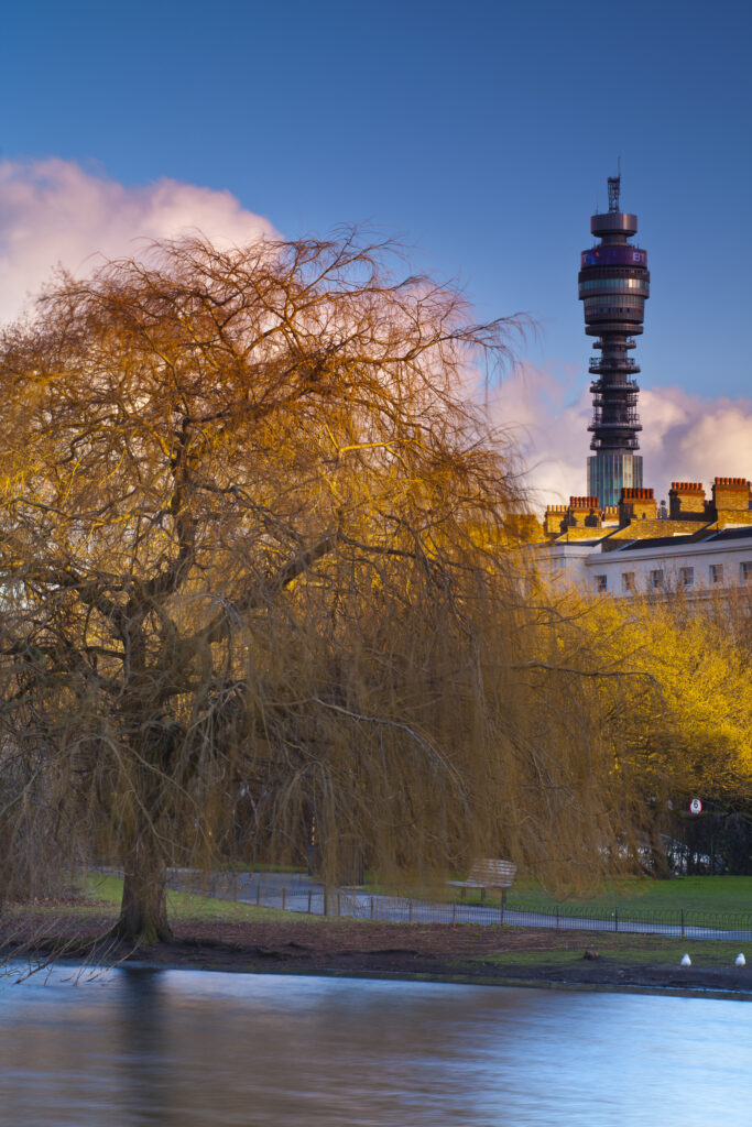 England, London, Regents Park. Boating Lake in Regents Park, with the iconic BT Tower (a communications tower located in Camden) in the distance.