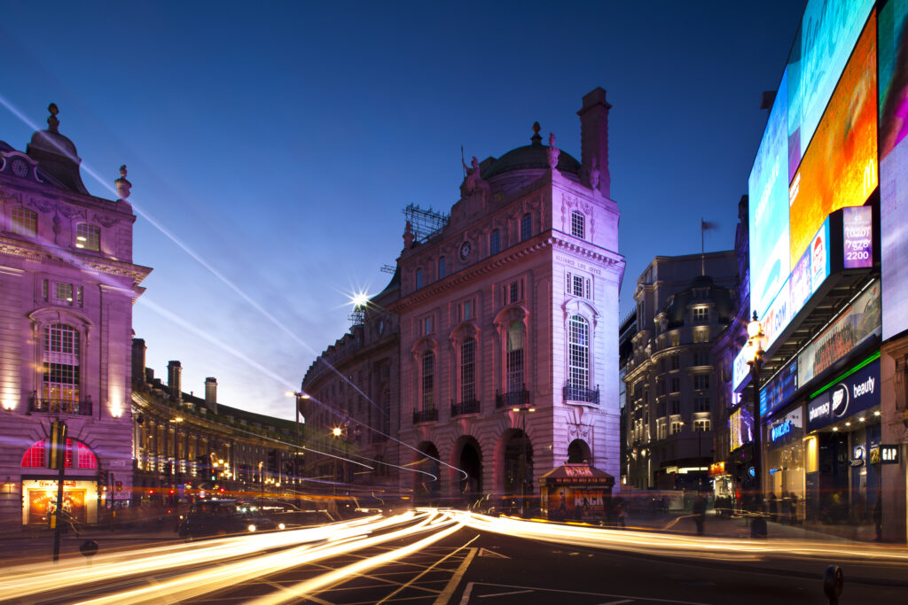 England, London, Piccadilly Circus. Piccadilly Circus located in the London's West End in the City of Westminster