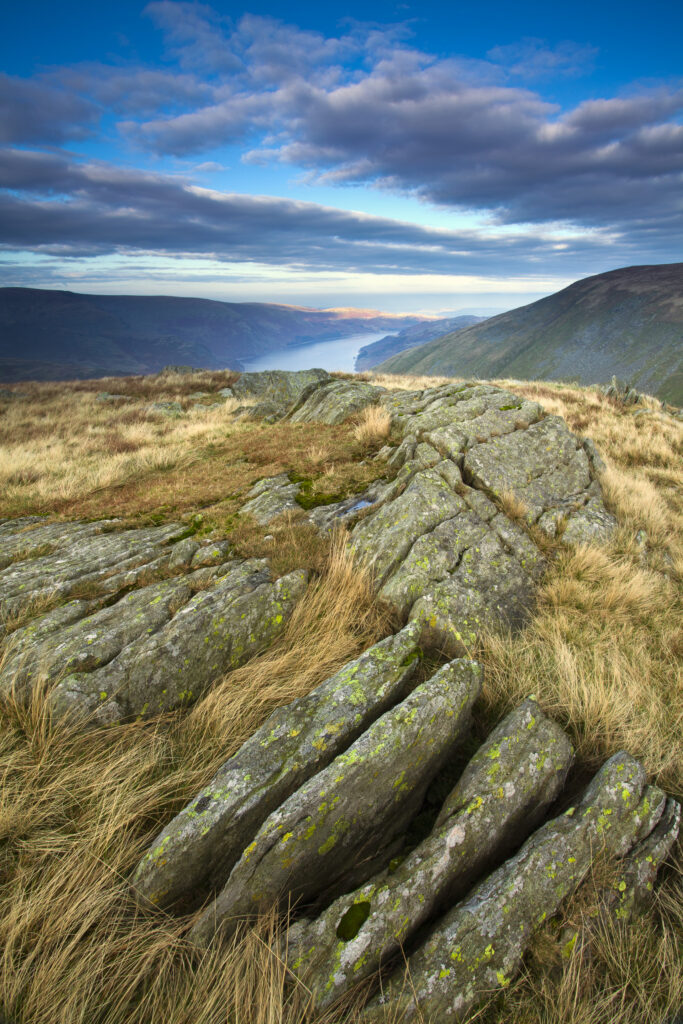 England, Cumbria, Lake District National Park. Looking towards Haweswater Reservoir and the Northern Pennines from Harter Fell, part of the Eastern Lake District Fells.
