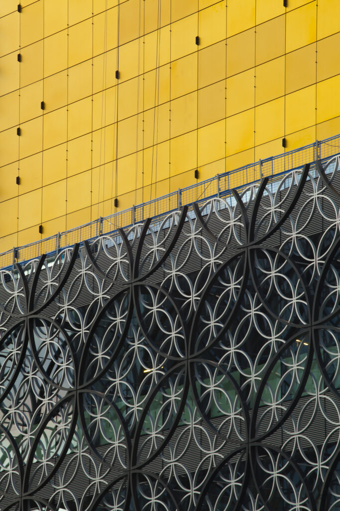 England, West Midlands, Birmingham City. Detail shot of modern design on the outer walls of the Birmingham Repertory Theatre (REP).